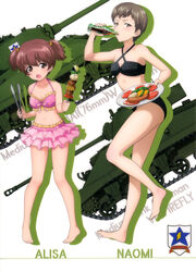  2girls absurdres alisa_(girls_und_panzer) barefoot bikini bikini_skirt black_bikini breasts brown_eyes brown_hair caterpillar_tracks character_name cleavage collarbone drinking emblem food freckles full_body girls_und_panzer girls_und_panzer_senshadou_daisakusen! highres kebab layered_skirt leg_up looking_at_viewer m4_sherman military military_vehicle motor_vehicle multiple_girls naomi_(girls_und_panzer) navel official_art open_mouth pink_bikini plate saunders_(emblem) sherman_firefly short_hair short_twintails simple_background skewer skirt small_breasts standing swimsuit tank tongs twintails white_background 