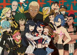  ako_(ravennightley) black_hair blonde_hair blue_eyes blue_hair brown_eyes brown_hair butler closed_eyes commentary_request crop_top crop_top_overhang everyone gamagoori_ira green_eyes green_hair guts_(kill_la_kill) highres inumuta_houka iori_shirou jakuzure_nonon kill_la_kill kinagase_tsumugu kiryuuin_satsuki long_hair mankanshoku_barazou mankanshoku_mako mankanshoku_matarou mankanshoku_sukuyo matoi_ryuuko midriff mikisugi_aikurou multicolored_hair multiple_boys multiple_girls navel open_mouth pink_eyes pink_hair sanageyama_uzu school_uniform senketsu short_hair smile soroi_mitsuzou spikes two-tone_hair uniform 