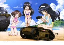  3girls absurdres ahoge akiyama_yukari anglerfish barefoot beach bikini black_eyes black_hair blue_one-piece_swimsuit blush_stickers boat brown_eyes brown_hair casual_one-piece_swimsuit caterpillar_tracks cloud controller covered_navel day drone emblem explosive fish girls_und_panzer goliath_tracked_mine hairband halterneck hands_on_own_knees highres isuzu_hana kneeling land_wasser_schlepper leaning_forward long_hair military military_vehicle mine_(weapon) motor_vehicle multiple_girls ocean official_art one-piece_swimsuit open_mouth outdoors pink_bikini purple_bikini reizei_mako remote_control remote_control_vehicle short_hair side-tie_bikini_bottom sky smile squatting standing sugimoto_isao swimsuit tank thigh_gap watercraft 