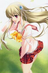  :d absurdres blonde_hair clarissa_satsuki_maezono female grass hair_ribbon highres honeycoming_royalsweet long_hair open_mouth panties pantyshot pink_eyes rakko_(makarakko) ribbon school_uniform smile solo underwear white_panties wind wind_lift 