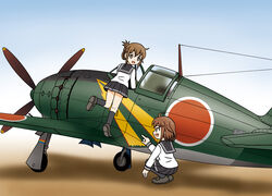  2girls :d aircraft airplane brown_eyes brown_hair commentary_request folded_ponytail hair_ornament hairclip highres hoshino_banchou ikazuchi_(kancolle) inazuma_(kancolle) j2m_raiden kantai_collection multiple_girls name_connection open_mouth photoshop_(medium) pleated_skirt school_uniform serafuku short_hair skirt smile squatting vehicle_focus 