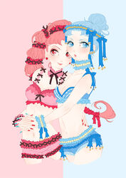  2girls amazons_quartet beads bishoujo_senshi_sailor_moon bishoujo_senshi_sailor_moon_supers blue_bra blue_eyes blue_hair blue_panties bra braid choker commentary_request earrings eyelashes eyeshadow frills hair_bun hair_ornament hair_up hand_on_another&#039;s_hip holding_hands interlocked_fingers jewelry light_blue_hair lipstick long_hair makeup multi-tied_hair multiple_girls nail_polish pallapalla_(sailor_moon) panties parted_lips photoshop_(medium) pink_bra pink_panties red_eyes red_hair ribbon ribbon_trim side_ponytail sideways_glance simple_background single_braid single_hair_bun underwear underwear_only very_long_hair vesves_(sailor_moon) wrist_cuffs yangyieva 