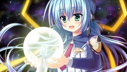  :d blue_hair blush commentary_request female green_eyes hoshino_yumemi light_bulb long_hair name_tag nanakiri_(izakaya_nanana) open_mouth planetarian smile solo twintails 