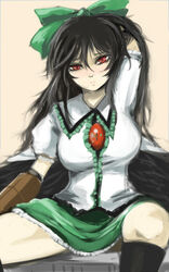  arm_behind_head arm_cannon arm_up black_hair black_socks black_wings bow breasts commentary_request female frown ginji_(sakaki_summer) green_bow green_skirt hairbow kneehighs large_breasts long_hair looking_at_viewer puffy_short_sleeves puffy_sleeves red_eyes reiuji_utsuho short_sleeves simple_background sitting skirt socks solo tan_background thighs third_eye touhou weapon wings 