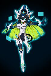  android black_hair blue_eyes breasts code_maya commentary_request elsword female highres large_breasts long_hair multicolored_hair outstretched_arms robot solo spread_arms spread_fingers ukatonanitohomadobopin 