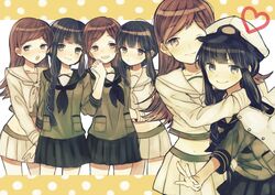  2girls black_hair blunt_bangs braid brown_eyes brown_hair commentary_request heart kantai_collection kitakami_(kancolle) kitakami_kai_(kancolle) kitakami_kai_ni_(kancolle) kurodeko long_hair midriff military military_uniform multiple_girls multiple_persona naval_uniform ooi_(kancolle) ooi_kai_(kancolle) ooi_kai_ni_(kancolle) open_mouth school_uniform serafuku skirt smile uniform 