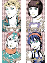  4boys argyle_background black_hair blonde_hair blue_eyes bruno_bucciarati chounorin commentary_request giorno_giovanna guido_mista hat jojo_no_kimyou_na_bouken lips multiple_boys narancia_ghirga photoshop_(medium) vento_aureo 