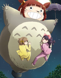  3girls brown_hair clenched_teeth commentary_request flying fusion grin hair_bobbles hair_ornament hair_ribbon hairband highres kujou_ume moon multiple_girls pajamas parody purple_hair rahaaru_c ribbon saeki_hina smile teeth tokyo_7th_sisters tonari_no_totoro totoro twintails umbrella wanibuchi_emoko 