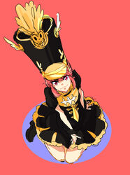  commentary_request dress female hat jakuzure_nonon kill_la_kill pink_eyes pink_hair shako_cap short_hair sidelocks sitting smile solo wariza yunkru 