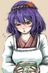  :o apron blush collarbone commentary_request female flying_sweatdrops food ginji_(sakaki_summer) holding holding_food japanese_clothes kappougi kimono leaf leaf_on_head looking_at_viewer medium_hair nose_blush open_mouth purple_hair red_eyes simple_background solo sweatdrop tan_background touhou upper_body yasaka_kanako 