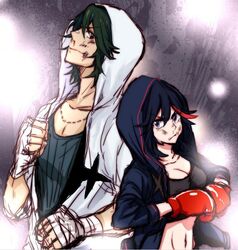  bandaid bandaid_on_nose black_hair blood blue_eyes boxing_gloves breasts bruise cleavage female fighting_stance green_hair hand_wraps height_difference highlights hood hoodie injury kill_la_kill matoi_ryuuko md5_mismatch medium_breasts midriff multicolored_hair navel nosebleed open_clothes open_hoodie sanageyama_uzu short_hair source_request sports_bra yunkru 