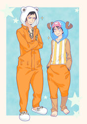  2boys bepo bepo_(cosplay) black_hair earrings facial_hair hat hood jewelry male_focus monkey_d_luffy multiple_boys nagi(artist) one_piece scar short_hair slippers tattoo tony_tony_chopper tony_tony_chopper_(cosplay) trafalgar_law 