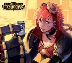  2gold blue_eyes breasts cleavage commentary copyright_name drink earrings english_commentary fangs female goggles jewelry league_of_legends long_sleeves looking_at_viewer mechanical_arms medium_breasts open_mouth pink_hair single_mechanical_arm smile solo vi_(league_of_legends) 