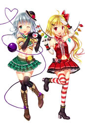  2girls 4-fingers_heart_hands adapted_costume ahoge bad_id bad_pixiv_id bare_shoulders black_gloves black_thighhighs blonde_hair blush boots bow cnm crop_top detached_collar detached_sleeves elbow_gloves flandre_scarlet gloves green_eyes grey_hair hair_ornament hairbow hairclip hat heart heart_hands heart_in_heart_hands heart_of_string high_heels komeiji_koishi long_hair looking_at_viewer microphone midriff multiple_girls navel one_eye_closed open_mouth red_eyes salute shiny_skin side_ponytail simple_background skirt smile striped_clothes striped_thighhighs thighhighs third_eye touhou translation_request white_background white_gloves wings wrist_cuffs zettai_ryouiki 