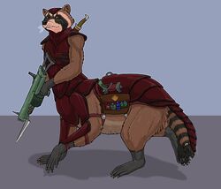  bayonet belt brown_body brown_eyes brown_fur buckle claws explosives fur grenade guardians_of_the_galaxy gun hi_res knife mammal mammal_taur markings marvel melee_weapon procyonid procyonid_taur raccoon raccoon_taur ranged_weapon ring_(marking) ringed_tail rocket_raccoon simple_background strega striped_markings striped_tail stripes sword tail tail_markings taur taurification taurified weapon whiskers 