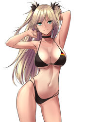  admiral_hipper_(azur_lane) alternate_breast_size alternate_costume alternate_eye_color arm_behind_head arm_up armpits ass_visible_through_thighs azur_lane bare_shoulders bikini black_bikini black_choker black_ribbon blonde_hair breasts choker cleavage clenched_hand closed_mouth collarbone commentary contrapposto cosplay cowboy_shot cross cross_earrings din_(raiden) earrings female flag_print german_flag german_flag_bikini germany green_eyes groin hair_between_eyes hair_ribbon hand_in_own_hair highleg highleg_bikini iron_cross jewelry large_breasts long_hair looking_at_viewer navel one-piece_tan prinz_eugen_(azur_lane) prinz_eugen_(azur_lane)_(cosplay) prinz_eugen_(unfading_smile)_(azur_lane) ribbon sideboob simple_background smile solo standing stomach swimsuit tan tanlines tsurime two_side_up underboob white_background 