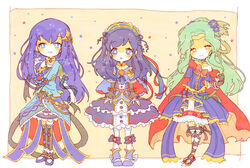  3girls blue_eyes blue_hair blush boots caeda_(fire_emblem) cape commentary_request dress elincia_ridell_crimea fingerless_gloves fire_emblem fire_emblem:_mystery_of_the_emblem fire_emblem:_path_of_radiance fire_emblem:_the_binding_blade fire_emblem_heroes gloves green_hair jewelry kappaman lilina_(fire_emblem) long_hair multiple_girls open_mouth smile thighhighs 