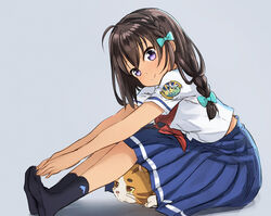  abe_kanari ahoge animal black_hair black_socks blush braid brown_hair commentary_request feline female hair_ribbon high_school_fleet isoroku_(haifuri) long_hair looking_at_viewer neckerchief photoshop_(medium) pleated_skirt purple_eyes ribbon school_uniform serafuku short_sleeves simple_background sitting skirt smile socks solo uchida_mayumi yokosuka_girls_marine_high_school_uniform 