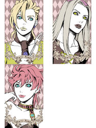  2boys blonde_hair blue_eyes chounorin commentary_request female grey_hair jojo_no_kimyou_na_bouken leone_abbacchio lips multiple_boys pannacotta_fugo photoshop_(medium) pink_hair trish_una yellow_eyes 