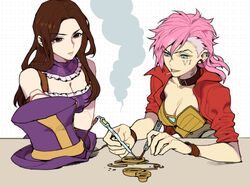  2girls 2gold blue_eyes breasts brown_eyes brown_hair caitlyn_(league_of_legends) cleavage commentary earrings english_commentary frown hat jacket jewelry league_of_legends long_hair medium_breasts multiple_girls open_mouth pink_hair smile unworn_hat unworn_headwear vi_(league_of_legends) 