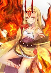  absurdres bad_id bad_pixiv_id bare_shoulders blonde_hair breasts earrings facial_mark fate/grand_order fate_(series) female fire highres horns ibaraki_douji_(fate) japanese_clothes jewelry kimono long_hair looking_at_viewer off_shoulder oni pointy_ears slit_pupils small_breasts smile solo tattoo yellow_eyes yellow_kimono yukihama 