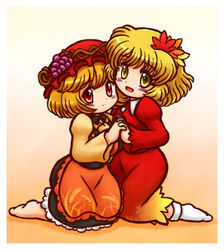  2girls :d aki_minoriko aki_shizuha apron barefoot black_skirt blonde_hair blush_stickers breasts closed_mouth collared_shirt commentary_request food frilled_skirt frills fruit gradient_background grapes hair_ornament hat holding_hands interlocked_fingers kneeling leaf_hair_ornament long_sleeves looking_at_viewer medium_breasts mob_cap multiple_girls nitamago open_mouth orange_apron red_eyes red_hat red_shirt red_skirt shadow shirt short_hair siblings sisters skirt skirt_set small_breasts smile socks touhou two-tone_background white_legwear wing_collar yellow_eyes yellow_shirt 