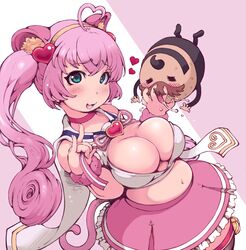  :3 :d \m/ ahoge animal_ears arisugawa_maple black_legwear blue_eyes blush breasts cat_ears cat_tail choker cleavage commentary_request female frilled_skirt frills furrowed_brow hair_between_eyes hairband heart heart_ahoge ibukichi large_breasts navel open_mouth pink_choker pink_hair pink_skirt rosia_(show_by_rock!!) show_by_rock!! skirt smile stomach tail thighhighs twintails yellow_hairband zettai_ryouiki 