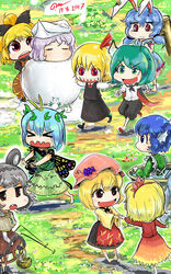  &gt;_&lt; 6+girls aki_minoriko aki_shizuha animal_ears antennae barefoot basket black_bow black_skirt black_vest blonde_hair blouse blue_dress blue_hair bow brown_dress brown_eyes brown_hat bucket butterfly_wings chasing chibi cirno closed_eyes commentary dated dress eternity_larva fins fleeing gapangman green_dress green_eyes green_kimono grey_hair hair_ribbon hairband hairbow hat head_fins highres holding holding_hands in_bucket in_container insect_wings japanese_clothes kimono kurodani_yamame leaf leaf_on_head letty_whiterock long_sleeves mallet mermaid monster_girl mouse_(animal) mouse_ears mouse_tail multiple_girls nazrin no_nose open_mouth orange_dress outstretched_arms partially_submerged photoshop_(medium) pink_eyes puffy_short_sleeves puffy_sleeves rabbit_ears red_eyes red_ribbon ribbon rumia seiran_(touhou) sharp_teeth shirt short_hair short_sleeves short_twintails siblings signature skirt skirt_set snow snow_rabbit tail teeth touhou twintails vest wakasagihime white_hat white_shirt wide_sleeves wings wooden_bucket wriggle_nightbug 