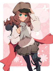  backpack bag black_pantyhose black_ribbon blush brown_hair brown_skirt cabbie_hat commentary commission english_commentary english_text eyebrows female flower green_eyes grey_flower grey_rose grey_scarf hand_on_headwear hat izumi_k_rukawa leg_ribbon long_hair original pantyhose parted_bangs photoshop_(medium) pleated_skirt ribbon rose scarf skirt sleeves_past_wrists solo striped_clothes striped_pantyhose sweater watermark 