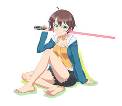  ahoge aqua_eyes bad_id bad_pixiv_id barefoot blush breasts brown_hair camisole cleavage energy_sword feet female full_body highres hood hoodie legs lightsaber looking_at_viewer medium_breasts new_game! over_shoulder shinoda_hajime short_hair shorts simple_background sitting smile soles solo souji_kurokawa sword sword_over_shoulder toes toy weapon weapon_over_shoulder white_background 