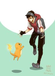  1boy backpack bag bent_over black_gloves black_hair charmander commentary_request fingerless_gloves fire flame-tipped_tail gloves hood hoodie male_protagonist_(pokemon_go) pokemon pokemon_(creature) pokemon_go shiroton_(kazamineko) shoes signature simple_background smile sneakers twitter_username visor_cap 