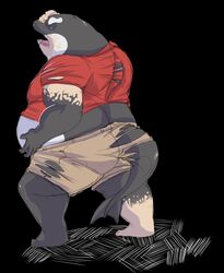  anthro barefoot biped black_background bottomwear captainjusticevirtsuoso cetacean clothing dolphin feet hand_on_belly hand_on_head hi_res male mammal manly marine mature_male obese obese_anthro obese_male oceanic_dolphin open_mouth orca overweight overweight_anthro overweight_male pants pose rear_view shirt simple_background solo teeth tongue toothed_whale topwear transformation white_eyes 