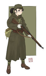  arisaka black_hair bolt_action brown_eyes coat commentary female full_body glasses gloves gun hat highres holding holding_gun holding_weapon imperial_japanese_army military military_hat military_uniform original overcoat ponytail pouch puttee rifle round_eyewear simple_background sino_(mechanized_gallery) solo strap uniform weapon world_war_ii 