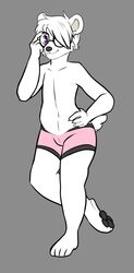  2016 4_toes 5_fingers anthro bear biped boxer_briefs clothing eyewear feet fingers fur glasses grey_background hair hair_over_eye hand_on_hip hi_res lars_&quot;polaris&quot;_star male mammal one_eye_obstructed pawpads pink_clothing pink_underwear polar_bear purple_eyes simple_background smile solo standing toes underwear ursine white_body white_fur white_hair yukiin 