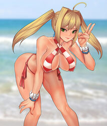  ahoge ass beach bikini bracelet breasts chinese_commentary commentary_request covered_nipples criss-cross_halter day fate/grand_order fate_(series) female green_eyes hair_intakes halterneck hanging_breasts jewelry large_breasts leaning_forward long_hair nero_claudius_(fate) nero_claudius_(swimsuit_caster)_(fate) niur outdoors photoshop_(medium) side-tie_bikini_bottom smile solo swimsuit twintails 