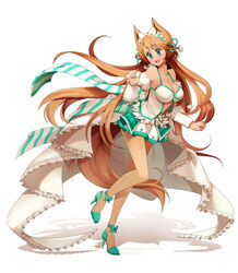  animal_ears aqua_footwear aqua_nails bare_shoulders blush breasts brown_hair brown_pantyhose cleavage collarbone commentary commission dark-skinned_female dark_skin english_commentary eyebrows female fox_ears fox_tail full_body green_eyes headdress high_heels izumi_k_rukawa large_breasts leg_up long_hair nail_polish original pantyhose pleated_skirt shoes simple_background skirt solo standing standing_on_one_leg tail very_long_hair white_background 