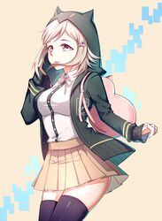  animal_bag animal_ears ayan backpack bag blush breasts brown_skirt cat_bag commentary danganronpa_(series) danganronpa_2:_goodbye_despair female flipped_hair galaga hair_ornament hairclip hood hood_up hoodie large_breasts light_brown_hair looking_at_viewer nanami_chiaki neck_ribbon pink_eyes pink_ribbon pleated_skirt ribbon school_uniform shirt short_hair skirt smile solo thighhighs white_shirt 