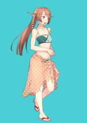  aqua_background aqua_bikini aqua_eyes bikini breasts brown_hair collarbone female full_body hair_ribbon high_heels highres kantai_collection kazagumo_(kancolle) kazagumo_(swimsuit_mode)_(kancolle) long_hair navel open_mouth own_hands_together ponytail ribbon sandals sarong simple_background small_breasts solo standing standing_on_one_leg striped_bikini striped_clothes swimsuit yuuji_(and) 