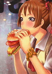  biting black_eyes blurry blush brown_hair burger burger_malfunction cheese collared_shirt commentary_request depth_of_field dripping eating eyelashes female flat_chest food hair_ornament hair_scrunchie highres holding holding_food hotateyuki ketchup lens_flare lettuce meat onion original photoshop_(medium) scrunchie shiny shirt short_sleeves solo sweater_vest tomato twintails uniform upper_body white_shirt wrist_scrunchie 