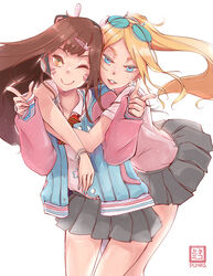  2girls ;) artist_name blizzard_entertainment blonde_hair blue_eyes blue_nails bracelet brown_eyes brown_hair commentary company_connection d.va_(overwatch) earrings eyewear_on_head hands_on_another&#039;s_shoulders headphones heroes_of_the_storm highres hug hug_from_behind index_finger_raised jacket jewelry leaning_forward letterman_jacket long_hair looking_at_viewer miniskirt multiple_girls nail_polish nekomimipunks nova_(starcraft) one_eye_closed open_clothes open_jacket overwatch overwatch_1 parted_lips pleated_skirt ponytail school_uniform skirt smile starcraft sunglasses terran 