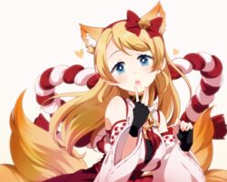  alternate_hairstyle animal_ears ayase_eli bare_shoulders bell black_gloves blonde_hair blue_eyes blush bow commentary_request detached_sleeves female fingerless_gloves fox_ears fox_tail gloves hair_down hairband head_tilt heart izumi_k_rukawa jingle_bell long_hair looking_at_viewer love_live! love_live!_school_idol_project multiple_tails red_bow solo swept_bangs tail white_background 