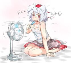  animal_ears black_skirt commentary_request d: electric_fan female food full_body hand_fan hat hot inubashiri_momiji open_mouth ototobe pom_pom_(clothes) popsicle protected_link red_eyes seiza shirt short_hair sitting skirt solo sound_effects_only sweat tail tank_top tokin_hat touhou translated white_hair white_shirt wolf_ears wolf_tail 