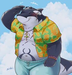  aloha_shirt anthro belly blush clothing eyewear fish lifewonders male marine mioki pattern_clothing pattern_shirt pattern_topwear scar shark shirt smile solo sunglasses tokyo_afterschool_summoners topwear typhon_(tas) 