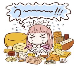  &gt;_&lt; bad_id bad_twitter_id cheese cheese_wheel chibi crying echipashiko fate/grand_order fate_(series) female food holding holding_riding_crop medb_(fate) pink_hair riding_crop solo tiara traumatized 