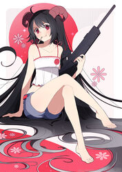  :t absurdly_long_hair ahoge artist_name barefoot black_hair blush camisole closed_mouth collarbone commentary commission crossed_legs english_commentary english_text feet female flower full_body gun h&amp;k_psg1 head_tilt holding holding_gun holding_weapon horns izumi_k_rukawa long_hair looking_at_viewer midriff original pink_flower red_eyes rifle scope shorts sitting sniper_rifle solo sparkle toes v-shaped_eyebrows very_long_hair watermark weapon weapon_behind_back web_address 