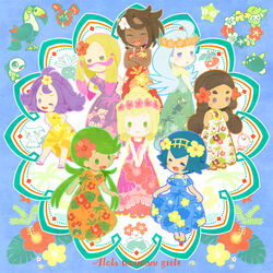  6+girls acerola_(pokemon) ahoge bellossom bird blonde_hair blue_hair blush bounsweet brown_hair closed_eyes closed_mouth clothes_lift comfey commentary_request cosmog dark-skinned_female dark_skin diglett dress dress_lift earrings facepaint feather_earrings feathers floral_background floral_print flower flower_necklace green_hair hair_flower hair_ornament hapu_(pokemon) head_wreath hibiscus hibiscus_print highres hula jewelry kahili_(pokemon) lana_(pokemon) lei lillie_(pokemon) mallow_(pokemon) mimikyu mina_(pokemon) minior minior_(core) minior_(green_core) mole mole_under_eye multicolored_hair multiple_girls necklace oddish olivia_(pokemon) open_mouth pokemon pokemon_(creature) pokemon_sm pyukumuku samsung_(yuzuikka) sandals toucan toucannon unmoving_pattern wishiwashi wishiwashi_(solo) 