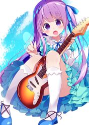  :o blue_dress blue_footwear blue_ribbon blush chikuwa. commentary convenient_leg dress electric_guitar female fender_stratocaster frilled_dress frilled_sleeves frills gotou_jun guitar hair_ribbon holding holding_instrument instrument kneehighs long_hair long_sleeves one_side_up open_mouth purple_eyes purple_hair ribbon round_teeth shoes sitting socks solo tareme teeth tenshi_no_3p! thighs very_long_hair white_socks 