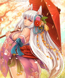  animal_ears ass blush breasts commentary_request detached_sleeves female flower fox_ears hair_flower hair_ornament japanese_clothes kimono large_breasts long_hair looking_at_viewer oil-paper_umbrella petals photoshop_(medium) red_eyes shigatake shingoku_no_valhalla_gate sideboob smile solo umbrella white_hair 