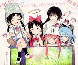  5girls :d animal_ear_headphones animal_ears asymmetrical_footwear beamed_eighth_notes black_hair black_legwear blue_hair blue_skirt bow braid broom brown_eyes bucket bucket_on_head cat_ear_headphones cat_ears claw_(weapon) closed_mouth collared_shirt colored_eyelashes commentary_request crossed_legs dress eighth_note fake_animal_ears fake_halo gomennasai hair_between_eyes hairbow halo hat headphones heart heart_print helmet holding holding_broom long_sleeves low_twintails mismatched_footwear multiple_girls musical_note object_on_head open_mouth outstretched_arm piano_keys pink_shirt pleated_skirt print_bow puffy_short_sleeves puffy_sleeves purple_eyes red_bow red_dress red_eyes red_hair school_uniform shinsei_kamattechan shirt shoes short_sleeves sitting skirt smile socks suspender_skirt suspenders twin_braids twintails unconventional_guitar uwabaki v weapon white_footwear white_shirt 