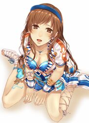  blurry breasts brown_eyes brown_hair cleavage depth_of_field female from_above highres idolmaster idolmaster_cinderella_girls idolmaster_cinderella_girls_starlight_stage jewelry long_hair looking_up medium_breasts mizuki_hau necklace nitta_minami open_mouth sitting solo visor_cap wariza 